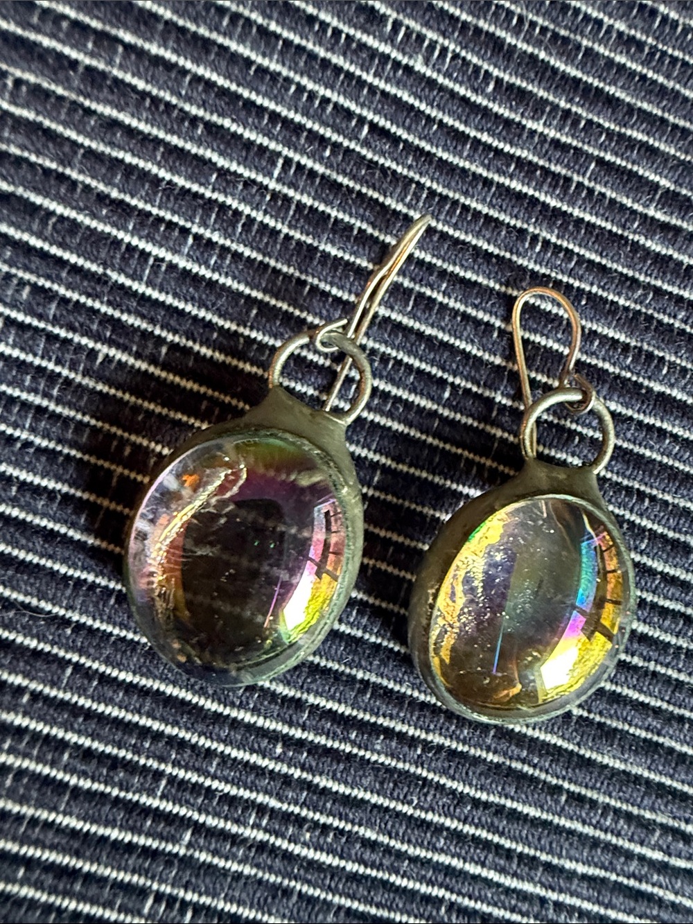 Vintage Hand-Soldered Stained Glass Earrings Artisan Dichroic / Iridescent